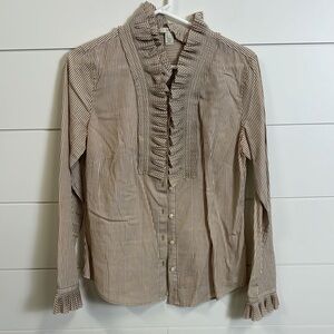 J. Crew Brown and White Ruffled Long Sleeve Blouse